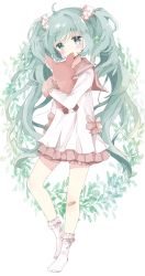 Rule 34 | 1girl, absurdres, ahoge, bad id, bad pixiv id, bandaid, bandaid on knee, bandaid on leg, blush, bobby socks, brown sailor collar, commentary request, covered mouth, dress, green eyes, green hair, hair ornament, hair scrunchie, hatsune miku, head tilt, highres, lol -lots of laugh- (vocaloid), long hair, long sleeves, looking at viewer, no shoes, hugging object, sailor collar, sailor dress, scrunchie, socks, solo, standing, standing on one leg, stuffed animal, stuffed rabbit, stuffed toy, tsukiyo (skymint), twintails, very long hair, vocaloid, white background, white dress, white scrunchie, white socks