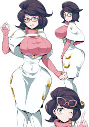 Rule 34 | 1girl, absurdres, ass, big hair, breasts, buttons, capelet, coat, creatures (company), eyewear on head, game freak, glasses, green eyes, hand on own hip, highres, index finger raised, large breasts, long sleeves, nintendo, one eye closed, pink-framed eyewear, pink sweater, plump, pokemon, pokemon sm, purple hair, ribbed sweater, shimure (460), skirt, sweater, turtleneck, turtleneck sweater, white capelet, white coat, white skirt, wicke (pokemon), wide hips