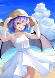 Rule 34 | 1girl, alternate costume, alternate headwear, armpits, bat wings, beach, blue sky, brown hat, cloud, commentary, day, dress, fang, hat, highres, looking at viewer, ocean, open mouth, purple hair, remilia scarlet, sky, solo, touhou, urochii (ju2ti6jgpt), white dress, wings