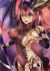 Rule 34 | 1girl, bad id, bad pixiv id, bodysuit, breasts, covered erect nipples, dragon horns, dragon wings, fang, hair ornament, heterochromia, horns, large breasts, looking at viewer, open mouth, pink hair, pointy ears, polearm, purple eyes, puzzle &amp; dragons, red eyes, solo, sonia (p&amp;d), toned, weapon, wings, yohane