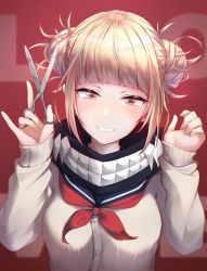 Rule 34 | 1girl, absurdres, blonde hair, blunt bangs, blush, boku no hero academia, breasts, cardigan, double bun, fangs, hair bun, hands up, highres, holding, holding scissors, infinity (kkx132), large breasts, long sleeves, looking at viewer, messy hair, open mouth, red background, school uniform, scissors, serafuku, short hair, simple background, smile, solo, teeth, toga himiko, yandere, yellow eyes