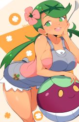 Rule 34 | 1girl, breasts, creatures (company), dark-skinned female, dark skin, game freak, green eyes, green hair, highres, jellcaps, large breasts, long hair, looking at viewer, mallow (pokemon), nintendo, open mouth, pokemon, pokemon sm, smile, teeth, thighs, upper teeth only