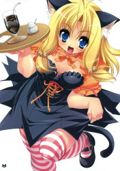 Rule 34 | 1girl, absurdres, animal ears, bell, blue eyes, breasts, carrying, cat ears, cat tail, cleavage, drink, hair bell, hair ornament, highres, long hair, looking at viewer, medium breasts, neck ribbon, open mouth, ribbon, simple background, solo, sorimura youji, striped clothes, striped thighhighs, tail, thighhighs, tray, white background