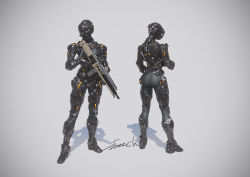 Rule 34 | 1girl, armor, ass, female focus, from behind, full body, glowing, gun, helmet, holding, holding gun, holding weapon, multiple views, original, power armor, rifle, science fiction, shadow, signature, solo, sonech, standing, weapon