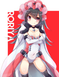 Rule 34 | 1girl, black hair, black thighhighs, blush, breasts, cloak, closed mouth, collarbone, commentary request, covered navel, crossed arms, elbow gloves, fang, fang out, fur-trimmed cloak, fur-trimmed gloves, fur trim, gloves, groin, hair between eyes, illya (small) (princess connect!), illya (princess connect!), kuriyuzu kuryuu, leotard, long hair, princess connect!, red background, red eyes, small breasts, smile, solo, split mouth, strapless, strapless leotard, thighhighs, two-tone background, v-shaped eyebrows, very long hair, white background, white cloak, white gloves, white leotard