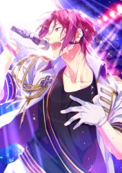 Rule 34 | 10s, 1boy, aiguillette, free!, gloves, hand on own chest, headset, idol, male focus, matsuo shin, matsuoka rin, microphone, music, open mouth, red eyes, red hair, sharp teeth, short hair, singing, solo, sparkle, sweat, teeth