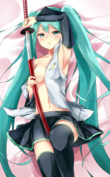 Rule 34 | 1girl, aqua eyes, aqua hair, armpits, black thighhighs, breast slip, censored, convenient censoring, covering privates, covering breasts, detached sleeves, hatsune miku, katana, long hair, looking at viewer, lying, midriff, navel, no bra, off shoulder, on back, one breast out, open clothes, open mouth, scabbard, sheath, skirt, solo, sword, thighhighs, twintails, unsheathing, very long hair, vest, vocaloid, warirui, weapon, zettai ryouiki