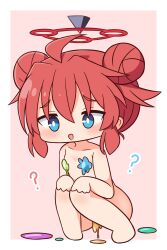Rule 34 | 1girl, :d, ?, absurdres, ahoge, barefoot, blue archive, blue eyes, blush, bodypaint, breasts, chibi, collarbone, commentary request, double bun, full body, hair between eyes, hair bun, halo, hana kazari, hands on own knees, highres, knees together feet apart, knees up, maki (blue archive), naked paint, open mouth, paint splatter, pink background, red hair, sidelocks, small breasts, smile, solo, squatting, two-tone background, white background