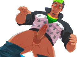 Rule 34 | 1boy, bara, black hair, blush, censored, clothes pull, crow (siranui), dark-skinned male, dark skin, embarrassed, erection, facial hair, from below, gluteal fold, goatee, green hair, ikusaba daisuke, jacket, large pectorals, looking at viewer, male focus, minotaur print, mosaic censoring, multicolored hair, muscular, muscular male, no male underwear, pants, pants pull, partially unzipped, pectorals, penis, precum, print jacket, short hair, sideburns, solo, taurus mask, thick thighs, thighs, tokyo houkago summoners, two-tone hair, white background