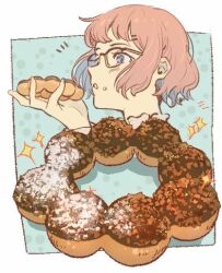 Rule 34 | 1girl, copyright request, doughnut, food, food on face, glasses, grey eyes, holding, holding food, long sleeves, lowres, pink hair, pon de ring, portrait, shadow, short hair, solo, torianco3