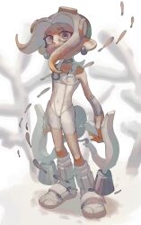 Rule 34 | 1girl, agent 8 (splatoon), bare shoulders, bodysuit, boots, brown hair, choker, commentary request, coral, covered navel, detached sleeves, dual wielding, earrings, fish, full body, grey choker, grey eyes, grey hair, gun, highres, holding, holding gun, holding weapon, jewelry, long hair, multicolored hair, nintendo, octoling, octoling girl, octoling player character, order dualies (splatoon), parted lips, single detached sleeve, sleeveless, sleeveless bodysuit, solo, splatoon (series), splatoon 3, splatoon 3: side order, standing, suction cups, teeth, tentacle hair, tiripow, two-tone hair, weapon, white bodysuit, white footwear