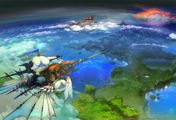 Rule 34 | above clouds, aircraft, airship, artist request, cloud, copyright name, copyright notice, fantasy, final fantasy, final fantasy xiv, floating island, highres, landscape, mountain, no humans, ocean, official art, scenery, sky