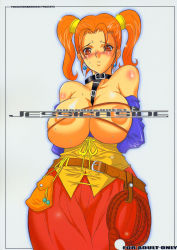 Rule 34 | 1girl, bdsm, belt, blush, bondage, bound, breasts, chiro (youkai tamanokoshi), collar, cover, dragon quest, dragon quest viii, earrings, highres, huge breasts, jessica albert, jewelry, large breasts, nipples, orange hair, red eyes, red hair, solo, square enix, sweat, twintails, whip