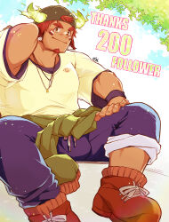 Rule 34 | 1boy, absurdres, animal ears, backwards hat, bara, baseball cap, black undershirt, blush, brown footwear, brown hair, bulge, clothes around waist, cow boy, cow ears, cow horns, dark-skinned male, dark skin, eye black, facial hair, fiery horns, forked eyebrows, full body, glowing horns, goatee, hat, highres, horns, jacket, jacket around waist, jewelry, large pectorals, looking at viewer, male focus, milestone celebration, muscular, muscular male, necklace, official alternate costume, oo12hhh, outdoors, pectorals, shirt, short hair, short sleeves, sitting, smile, solo, spiked hair, sweatband, t-shirt, thick eyebrows, tokyo houkago summoners, wakan tanka, white shirt