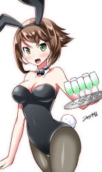 Rule 34 | 10s, 1girl, animal ears, bow, bowtie, brown hair, cup, detached collar, drinking glass, fake animal ears, green eyes, kantai collection, leotard, mutsu (kancolle), pantyhose, playboy bunny, rabbit ears, rabbit tail, short hair, simple background, solo, tail, tray, wine glass, yuuki hb