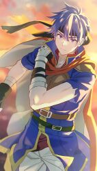 Rule 34 | 1boy, bandaged arm, bandages, belt, black gloves, black headband, blue eyes, blue hair, blurry, blurry background, cape, closed mouth, cloud, day, fire emblem, fire emblem: path of radiance, gauntlets, gloves, hair between eyes, headband, highres, ike (fire emblem), looking at viewer, male focus, nintendo, outdoors, pants, sephikowa, sky, solo, torn clothes
