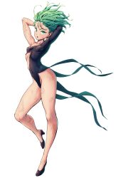 Rule 34 | 1girl, arms behind head, arms up, black dress, breasts, curly hair, dress, full body, heels, highres, legs, murata yuusuke, no bra, no panties, one-punch man, petite, psychic, small breasts, tatsumaki, torn clothes, torn dress, wide hips