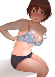 Rule 34 | 1girl, absurdres, adjusting bra, adjusting clothes, akaboshi koume, arms behind back, black panties, blue bra, blue eyes, blush, bra, breasts, brown hair, cleavage, collarbone, commentary, commission, frown, full-face blush, girls und panzer, hair between eyes, hieda (hiedanoaqn), highres, invisible chair, looking at viewer, medium breasts, navel, nose blush, off shoulder, open mouth, panties, short hair, simple background, sitting, skeb commission, solo, strap slip, sweat, thighs, underwear, wavy hair, white background