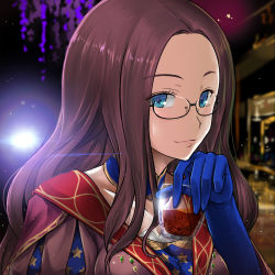 Rule 34 | 1girl, blue eyes, breasts, brown hair, choker, cup, drinking glass, elbow gloves, fate/grand order, fate (series), glasses, gloves, jewelry, leonardo da vinci (fate), long hair, solo