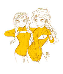 Rule 34 | 2girls, anna (frozen), b4tekt, blush, braid, breasts, cleavage, cleavage cutout, clothes tug, clothing cutout, cropped legs, disney, elsa (frozen), freckles, frozen (disney), long hair, making-of available, medium breasts, meme attire, multiple girls, no pants, open-chest sweater, panties, ribbed sweater, siblings, single braid, sisters, smile, spot color, sweater, sweater tug, turtleneck, twin braids, underwear
