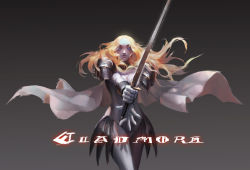 Rule 34 | 1girl, armor, bad id, bad pixiv id, blonde hair, bodysuit, cape, claymore (series), claymore (sword), copyright name, gradient background, grey eyes, high contrast, highres, long hair, looking at viewer, painterly, pauldrons, pinuoxixi, pteruges, shoulder armor, simple background, smile, solo, sword, teresa, weapon