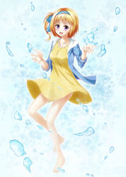 1girl :d bad_id bad_pixiv_id barefoot blonde_hair dress female_focus hairband happy highres jacket open_mouth original purple_eyes short_hair side_ponytail smile solo water_drop yoake_no_koromo