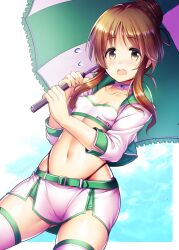 Rule 34 | 1girl, belt, blue sky, blush, border, breasts, brown eyes, brown hair, choker, cloud, collarbone, cowboy shot, crop top, cropped jacket, dot nose, flying sweatdrops, frilled umbrella, frills, from below, green belt, green trim, green umbrella, hair bun, hands up, highres, holding, holding umbrella, idolmaster, idolmaster cinderella girls, idolmaster cinderella girls starlight stage, jacket, long hair, long sleeves, looking at viewer, ment, midriff, miniskirt, multicolored clothes, multicolored jacket, navel, open clothes, open jacket, open mouth, outside border, pink choker, ponytail, race queen, sidelocks, single hair bun, skirt, sky, small breasts, solo, standing, strapless, takamori aiko, thighhighs, tube top, two-tone jacket, umbrella, white border, white skirt, white thighhighs, white tube top