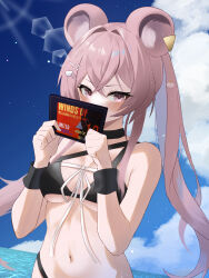 Rule 34 | 1girl, absurdres, animal ear fluff, animal ears, arknights, bare arms, bare shoulders, bikini, black bikini, blue sky, breasts, cloud, covered mouth, day, dr.lamina, ear piercing, hair intakes, hair ornament, hairclip, hands up, highres, holding, horizon, lin (arknights), long hair, looking at viewer, medium breasts, navel, ocean, outdoors, piercing, pink eyes, pink hair, seashell, shell, shell hair ornament, sky, solo, star (symbol), star hair ornament, swimsuit, very long hair, water