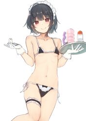Rule 34 | 1girl, artificial vagina, bare shoulders, bikini, black bikini, black hair, blunt bangs, blush, breasts, breasts apart, bridal garter, closed mouth, collarbone, dildo, feet out of frame, female focus, gloves, highres, holding, holding tray, leg up, looking at viewer, maid, maid bikini, maid headdress, micro bikini, nagami yuu, navel, original, red eyes, ribbon, sex toy, short hair, side-tie bikini bottom, simple background, small breasts, smile, solo, standing, standing on one leg, stomach, swimsuit, tray, unconventional maid, white background, white gloves, white ribbon