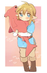 Rule 34 | 1boy, ahoge, belt, blue shirt, blush, border, brown belt, brown footwear, brown pants, commentary request, full body, gradient background, green eyes, hair between eyes, holding, holding stuffed toy, layered sleeves, link, long sleeves, nintendo, pants, pointy ears, red background, shirt, shoes, short over long sleeves, short sleeves, smile, solo, standing, stuffed animal, stuffed shark, stuffed toy, the legend of zelda, the legend of zelda: breath of the wild, ttanuu., white border