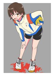 Rule 34 | 1girl, :d, bike shorts, black shorts, blue nails, brown eyes, brown hair, commentary, cross-laced footwear, emblem, girls und panzer, grey background, hand on own knee, high tops, highres, holding, isobe noriko, jacket, long hair, looking at viewer, multicolored clothes, multicolored jacket, nail polish, no socks, open mouth, outside border, shoes, short hair, short shorts, shorts, simple background, smile, sneakers, solo, standing, track jacket, white footwear, white jacket, zipper, zono (inokura syuzo029)