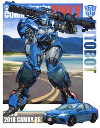 Rule 34 | 1girl, 2018, autobot, beach, blue eyes, blue lips, breasts, car, commission, gun, highres, holding, holding gun, holding weapon, kamitoge supino, large breasts, leaning forward, looking at viewer, mecha, motor vehicle, mountain, ocean, original, parted lips, road, robot, smile, solo, toyota, toyota camry, transformers, vehicle name, water, watermark, weapon