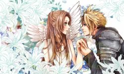 Rule 34 | 1boy, 1girl, aerith gainsborough, alternate costume, armor, bare arms, blonde hair, blue eyes, breasts, brown hair, choker, cloud strife, couple, derivative work, dress, final fantasy, final fantasy vii, final fantasy vii remake, floral background, flower, flower choker, green eyes, highres, holding hands, jewelry, long hair, long sleeves, looking at another, medium breasts, mini wings, necklace, parted bangs, parted lips, romeo and juliet, short hair, shoulder armor, sleeveless, sleeveless dress, smile, spiked hair, sundress, wavy hair, white dress, white flower, white wings, wings, yco 030601