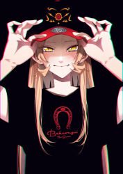 Rule 34 | 1girl, adjusting clothes, adjusting headwear, baseball cap, black background, black shirt, blending, blonde hair, blush, chromatic aberration, closed mouth, clothes writing, commentary request, fang, fang out, hat, highres, horseshoe, long hair, looking at viewer, nijisanji, nui sociere, shirt, simple background, slit pupils, smile, solo, straight-on, t-shirt, tsurime, upper body, vice (kuronekohadokoheiku), virtual youtuber, yellow eyes