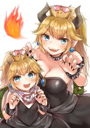 Rule 34 | 2girls, armlet, bad id, bad pixiv id, bandana, bare shoulders, black collar, black dress, blonde hair, blue eyes, blush, bowsette, bowsette jr., bracelet, breasts, breath weapon, breathing fire, brooch, claw pose, cleavage, collar, commentary, dress, earrings, fingernails, fire, highres, horns, jewelry, koretsuna, large breasts, long hair, looking at viewer, mario (series), medium dress, mother and daughter, multiple girls, new super mario bros. u deluxe, nintendo, open mouth, pointy ears, ponytail, sharp fingernails, sharp teeth, short ponytail, simple background, small breasts, smile, spiked armlet, spiked bracelet, spiked collar, spiked shell, spikes, standing, strapless, strapless dress, super crown, teeth, turtle shell, white background
