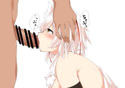 Rule 34 | 1boy, 1girl, absurdres, animal ear fluff, animal ears, bar censor, blush, breasts, censored, commentary request, fellatio, hair between eyes, hand on another&#039;s head, hetero, highres, houkai (collapse illust), inubashiri momiji, irrumatio, large breasts, looking at another, open mouth, oral, penis, pom pom (clothes), profile, shirt, short hair, sideboob, simple background, sleeveless, sleeveless shirt, solo focus, touhou, turtleneck, turtleneck shirt, upper body, variant set, white background, white hair, white shirt, wolf ears, wolf girl, yellow eyes