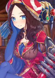 Rule 34 | 1girl, blue eyes, blue gloves, blue thighhighs, blush, breasts, brown hair, choker, cleavage, collarbone, elbow gloves, fate/grand order, fate (series), gloves, hakuishi aoi, hand on own cheek, hand on own face, hat, indoors, large breasts, leonardo da vinci (fate), long hair, looking at viewer, parted bangs, pleated skirt, red skirt, sitting, skirt, smile, solo, thighhighs