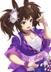 Rule 34 | 1girl, animal ears, bandages, blush, breasts, brown hair, chest sarashi, cleavage, commentary, fox shadow puppet, grey eyes, hand up, highres, horse ears, inari one (umamusume), japanese clothes, kimono, looking at viewer, mask, mask on head, medium hair, mihe, open mouth, purple kimono, purple sash, sarashi, sash, short sleeves, simple background, solo, twintails, umamusume, upper body, white background