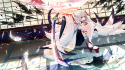 Rule 34 | 1girl, azur lane, black gloves, blue eyes, feathers, fingerless gloves, gloves, grey hair, highres, holding, holding sword, holding weapon, indoors, ink, ink stain, ito lab, japanese clothes, katana, kimono, long hair, outstretched arm, red footwear, shoukaku (azur lane), solo, sword, thighhighs, weapon, white feathers, white hair, white kimono, white thighhighs, wide sleeves