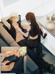 Rule 34 | 1boy, 1girl, abs, absurdres, arm ribbon, bare shoulders, black hair, black pants, black shorts, blonde hair, blush, bottle, closed eyes, cloud strife, couch, couple, crop top, cup, dimples of venus, ear blush, earrings, final fantasy, final fantasy vii, final fantasy vii advent children, from above, hand blush, hand up, hetero, highres, holding, holding hands, indoors, jewelry, kiss, kissing hand, long hair, lying, maiii (smaii i), on back, on couch, open clothes, open shirt, pants, red ribbon, ribbon, ring, short hair, shorts, single earring, sitting, sleeveless, spiked hair, sweatdrop, table, tifa lockhart, twitter username, undershirt, washing another, water
