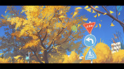 Rule 34 | autumn leaves, blue sky, commentary request, day, huanxiang huifeng, leaf, letterboxed, md5 mismatch, no humans, original, outdoors, resolution mismatch, road sign, scenery, sign, sky, source smaller, traffic light, tree