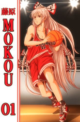 Rule 34 | 1girl, ball, basketball, basketball (object), basketball court, basketball jersey, basketball uniform, breasts, cleavage, collarbone, fujiwara no mokou, highres, hime cut, long hair, red eyes, red shirt, red shorts, retro artstyle, shirt, shoes, shorts, sidelocks, simple background, sleeveless, small breasts, sneakers, solo, sportswear, step arts, touhou, very long hair, white background, white hair
