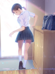 Rule 34 | 1girl, a.x., absurdres, bag, black skirt, brown hair, cabinet, closed eyes, closed mouth, collared shirt, doorway, from behind, hair ornament, highres, indoors, kneepits, light particles, light rays, original, pleated skirt, ponytail, putting on shoes, red neckwear, school bag, school uniform, shiny skin, shirt, shoes, skirt, socks, solo, standing, swept bangs, thighs, white shirt, white socks