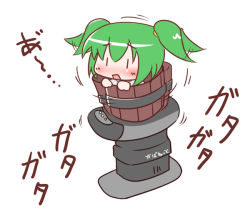 Rule 34 | 1girl, blush, bucket, female focus, green hair, hair bobbles, hair ornament, in bucket, in container, kisume, maitora, open mouth, riding machine, shaking, short hair, solo, touhou, twintails, white background, | |