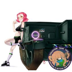 Rule 34 | 1girl, against vehicle, alternate costume, black footwear, black shorts, black sports bra, commentary, emblem, english commentary, english text, from side, girls und panzer, highres, leaning back, leg up, looking at viewer, medium hair, military vehicle, motor vehicle, navel, open mouth, orange eyes, pointing, pointing at self, red hair, rosehip (girls und panzer), shoes, short shorts, shorts, smile, sneakers, socks, solo, sports bra, standing, standing on one leg, takebe saori, toorops, universal carrier, white background, white socks