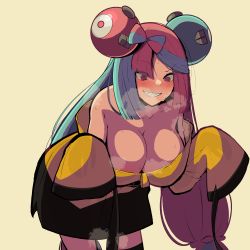 Rule 34 | 1girl, @ @, absurdres, alternate breast size, asymmetrical legwear, black jacket, blue hair, bow-shaped hair, breasts, brown background, character hair ornament, cleavage, clenched teeth, collarbone, creatures (company), exhibitionism, game freak, gen 1 pokemon, hair ornament, heavy breathing, hexagon print, highres, iono (pokemon), jacket, large breasts, leaning forward, light blue hair, long hair, long sleeves, looking down, low-tied long hair, magnemite, mismatched legwear, multicolored clothes, multicolored hair, multicolored jacket, naked jacket, nervous, nintendo, oversized clothes, pink eyes, pink hair, pokemon, pokemon sv, public indecency, sharp teeth, simple background, single leg pantyhose, sleeves past fingers, sleeves past wrists, smile, solo, split-color hair, teeth, two-tone hair, two-tone jacket, very long sleeves, wide sleeves, yellow jacket, yukadm