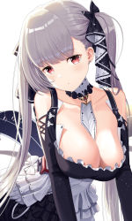 Rule 34 | 1girl, azur lane, bare shoulders, between breasts, black dress, blush, breasts, cleavage, dress, formidable (azur lane), frilled dress, frills, grey hair, hair ribbon, highres, large breasts, long hair, looking at viewer, red eyes, ribbon, sanpeita, solo, twintails, two-tone dress, two-tone ribbon