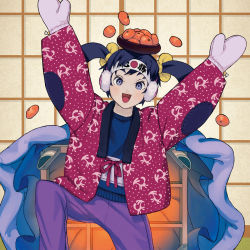 Rule 34 | 1girl, arms up, earmuffs, feet out of frame, food, fruit, hair tie, headband, highres, kotatsu, long sleeves, looking at viewer, mandarin orange, mittens, nc empire (circle), open mouth, original, pants, purple eyes, purple pants, smile, solo, table, twintails