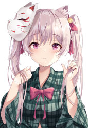 Rule 34 | &gt; &lt;, 1girl, alternate hairstyle, animal ear fluff, animal ears, bad id, bad pixiv id, blush, blush stickers, bow, breasts, cat ears, closed mouth, collared shirt, commentary request, expressionless, fox mask, hair between eyes, hair ribbon, hands in hair, hands up, hata no kokoro, highres, kemonomimi mode, kofumi (nxme5555), long hair, long sleeves, looking at viewer, mask, mask on head, medium breasts, pink bow, pink eyes, pink hair, pink neckwear, plaid, plaid shirt, red ribbon, ribbon, shirt, simple background, solo, touhou, twintails, upper body, white background, wide sleeves