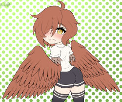Rule 34 | 1girl, absurdres, antenna hair, artist name, ass, black shorts, black thighhighs, blush, brown feathers, brown hair, child, closed mouth, commission, dot nose, embarrassed, eyebrows, eyelashes, feathers, female focus, from behind, green background, happy, highres, looking at viewer, looking back, medium hair, nose blush, one eye closed, original, radiosylent, shirt, short sleeves, shorts, simple background, solo, thighhighs, two-tone background, white background, white shirt, wings, yellow eyes